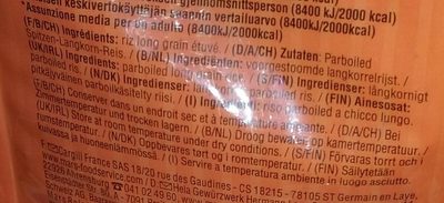 Riz Long Grain Cuisson ingredients label