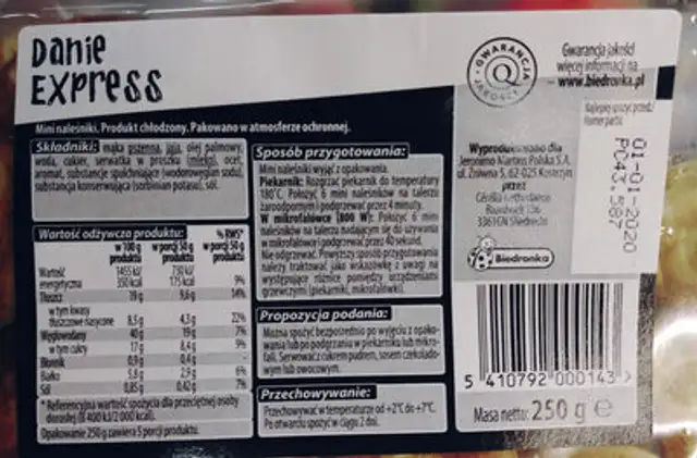 Mini pancakes ingredients label
