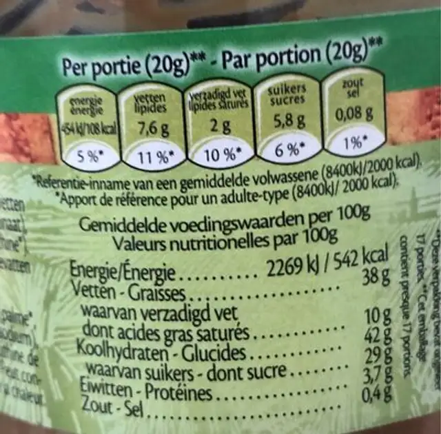 Pâte de Speculoos nutrition facts table