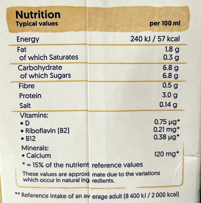 Alpro Vanilla nutrition facts table