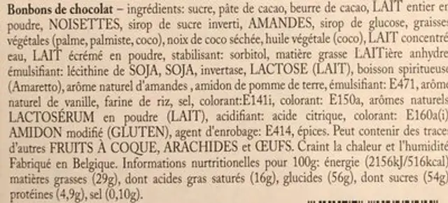 Boite luxe pralines ingredients label