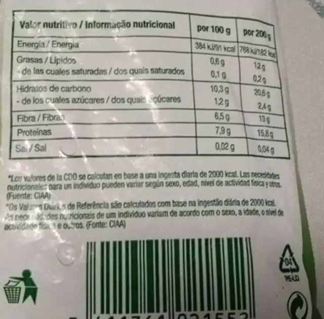 Habas baby nutrition facts table