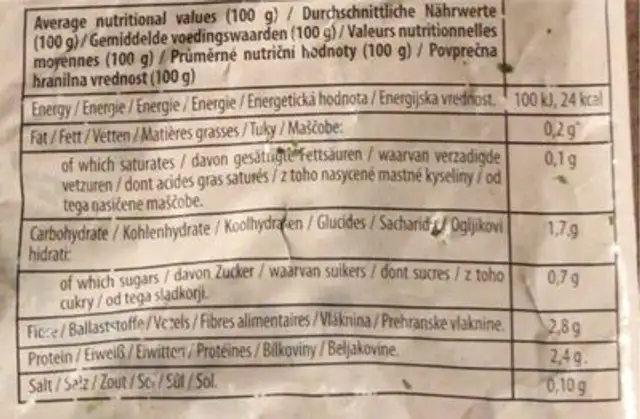 Green riced vegetables nutrition facts table
