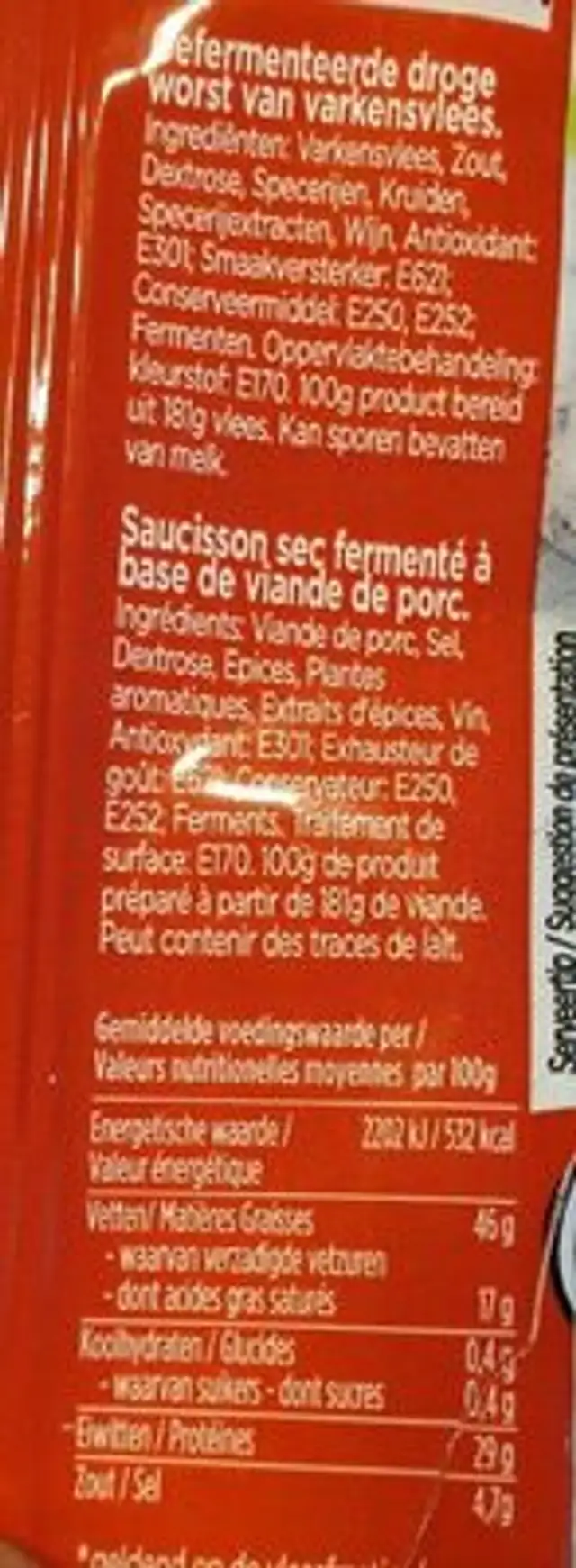 Bistro Patron nutrition facts table
