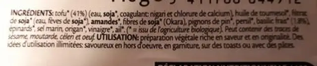 TARTINABLE TOFU PISTOU ingredients label