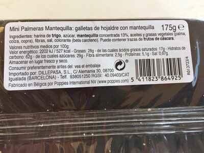 Mini Palmeras Mantequilla nutrition facts table