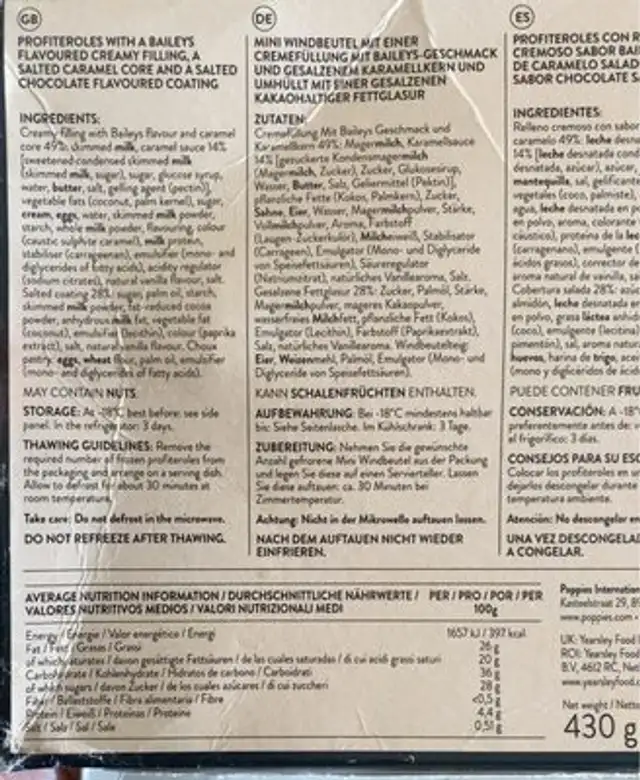 Baileys Saltef caramel profiteroles nutrition facts table