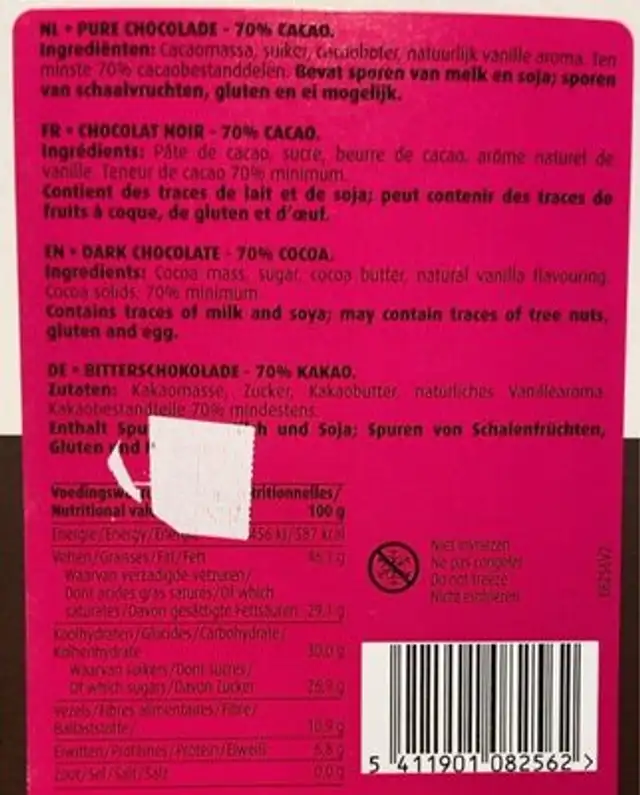 Dark Chocolate 70% nutrition facts table