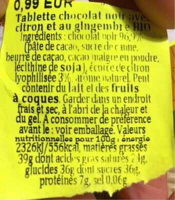 Chocolat nutrition facts table