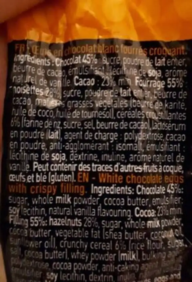 Oeuf chocolat blanc croquant ingredients label
