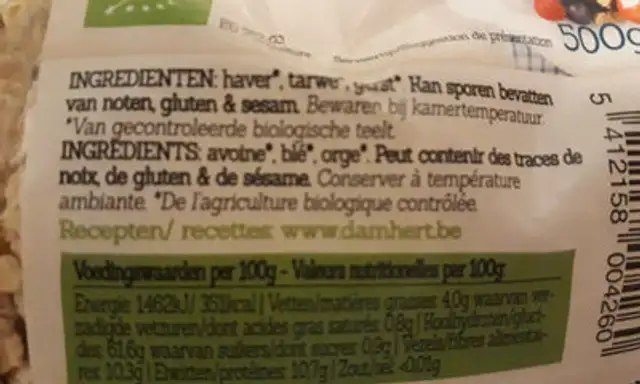 Flocons de Cereveil ingredients label