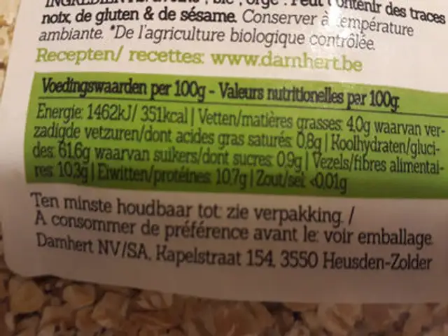 Flocons de Cereveil nutrition facts table