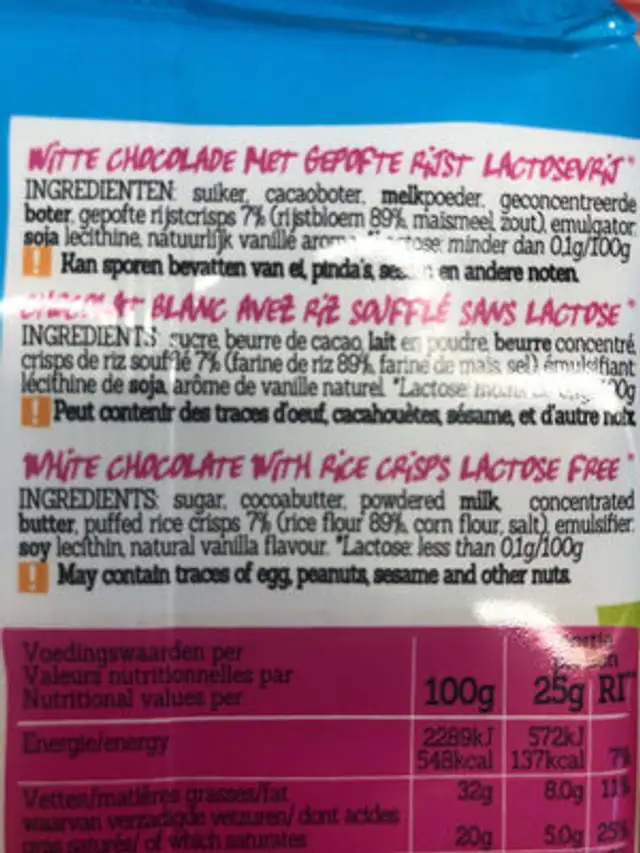 Lactose free white chocolate ingredients label