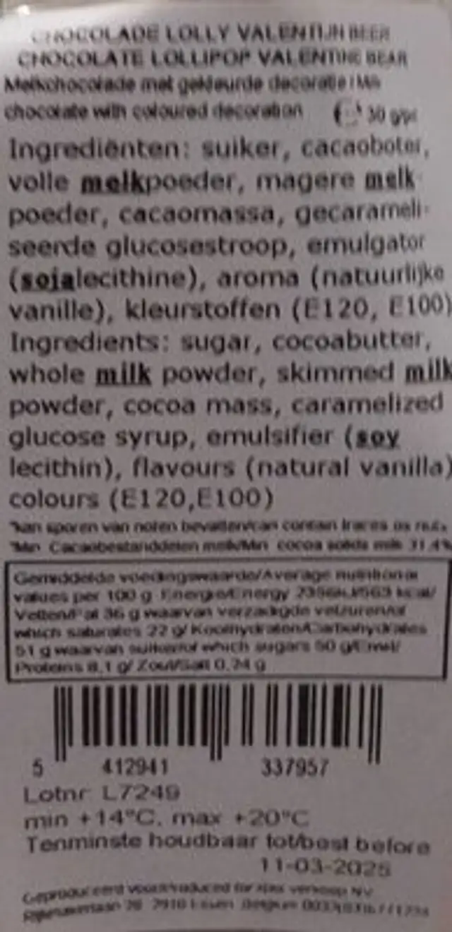 Sucette en chocolat nutrition facts table