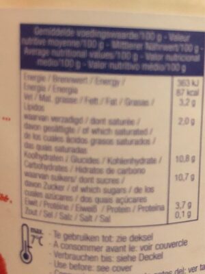 Yoghurt Pur Natur Bio Framboise 150G nutrition facts table