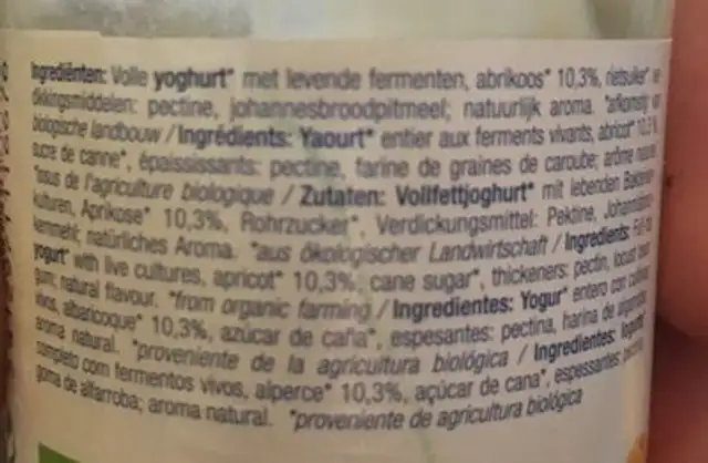 yoghurt abrikoos - abricot ingredients label