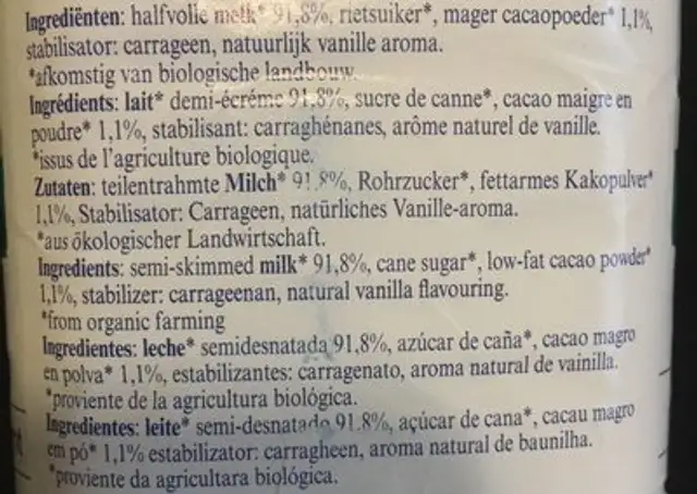 Lait au chocolat ingredients label