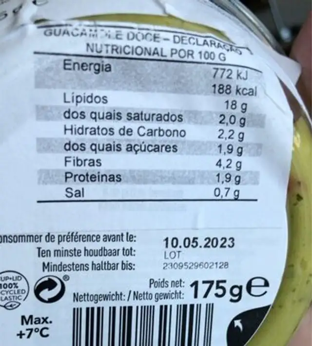 Guacamole jalapeno & coriandre nutrition facts table