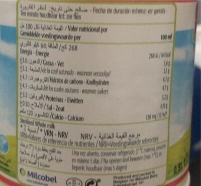 Lait entier nutrition facts table