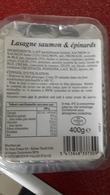 Lasagne Saumon Épinards ingredients label