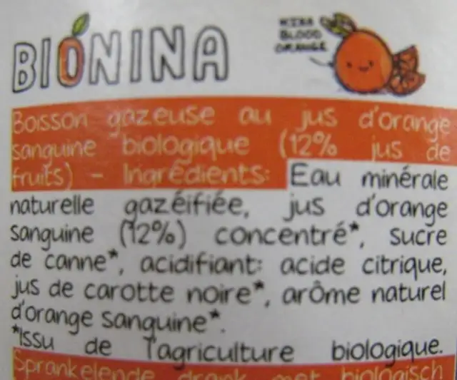 Bionina - Boisson gazeuse au jus d'orange ingredients label