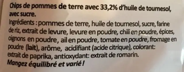 Chips saveur Barbecue ingredients label