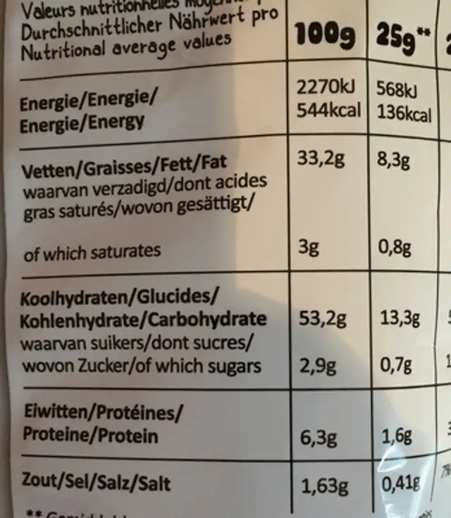 Chips saveur Barbecue nutrition facts table