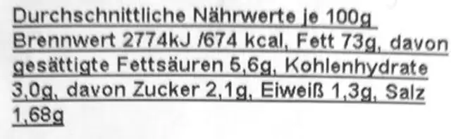 Samouraï nutrition facts table