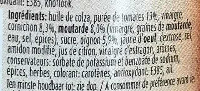 Sauce Burger ingredients label