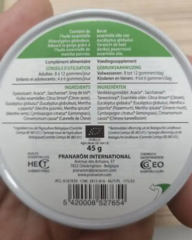 Gommes adoucissantes nutrition facts table