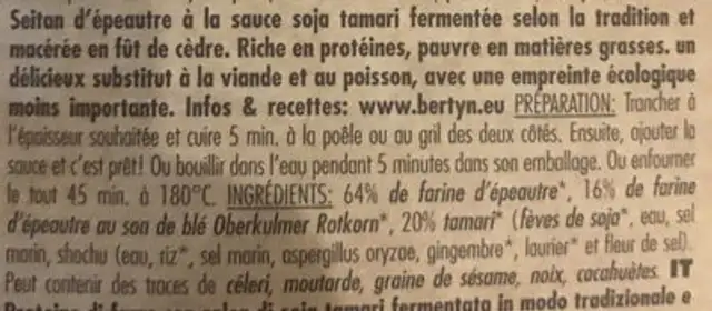 Bertyn Bio Seitan Dinkel Tamari Steak 250G ingredients label