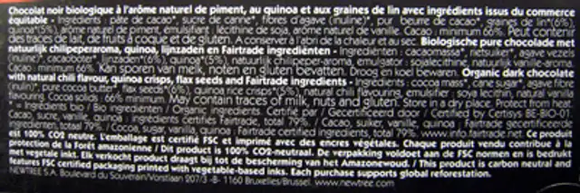 Chocolat noir à l'arôme naturel de Piment, au Quinoa et aux Graines de Lin Bio ingredients label