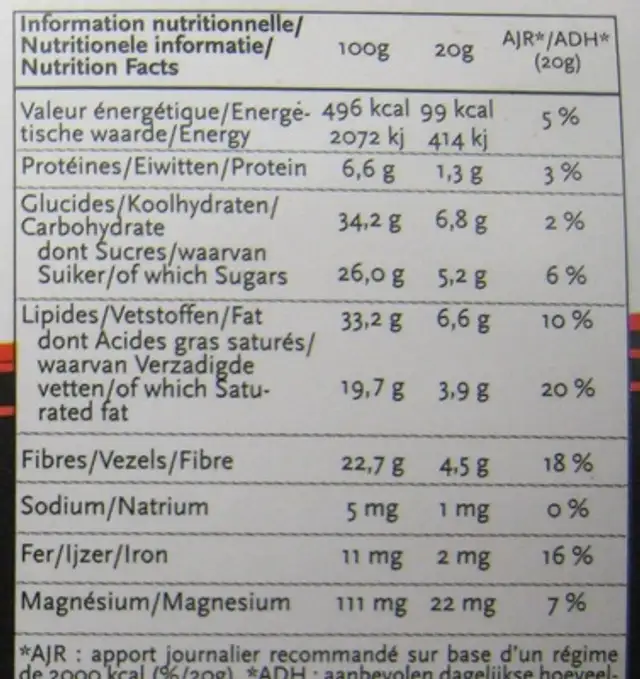 Chocolat noir à l'arôme naturel de Piment, au Quinoa et aux Graines de Lin Bio nutrition facts table