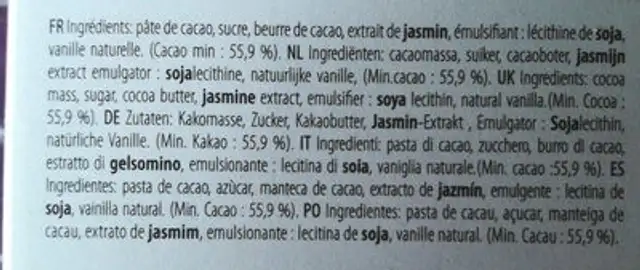 Chocolat noir jasmin de chine ingredients label