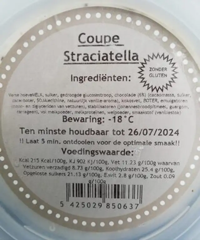 Coupe Straciatella ingredients label