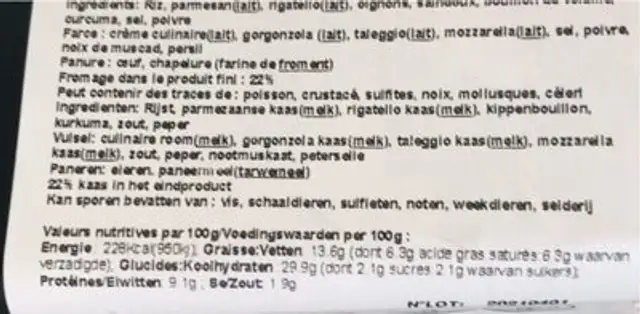 Arancini fromages nutrition facts table