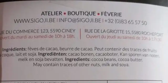 Chocolat ingredients label