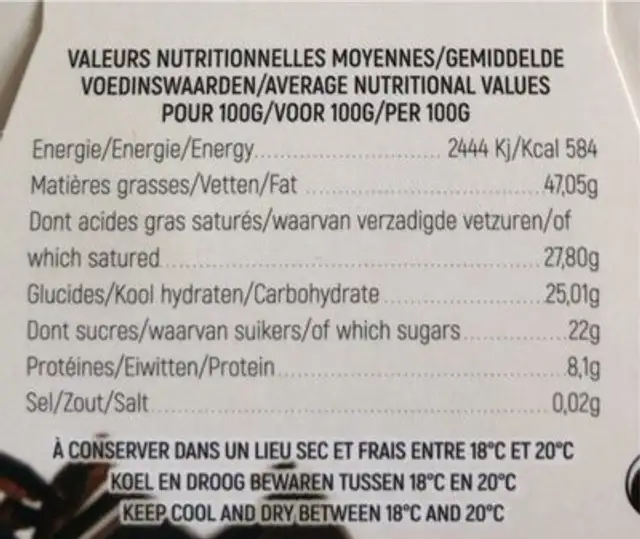 Chocolat nutrition facts table