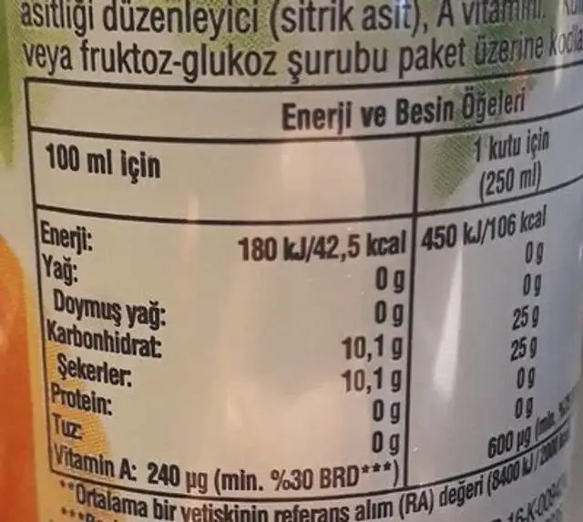 Jus de fruits nutrition facts table