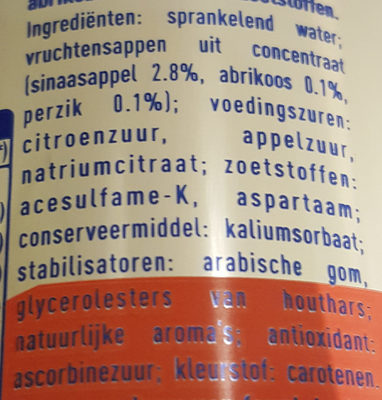 Fanta Melocotón y albaricoque ingredients label