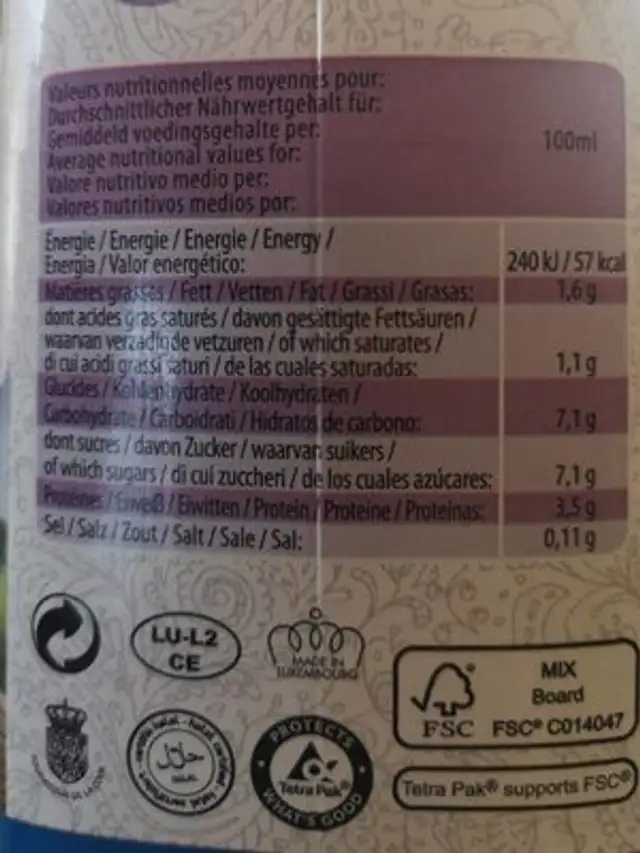 Kéfir Goût Myrtille nutrition facts table