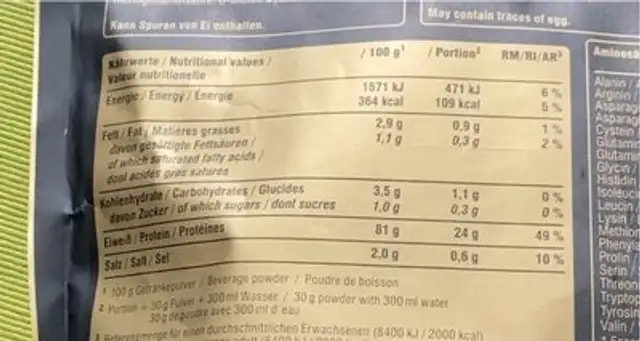 Protein 85 nutrition facts table