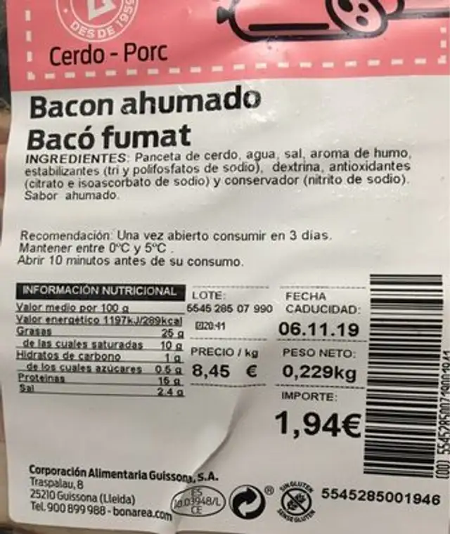 Bacon ahumado nutrition facts table