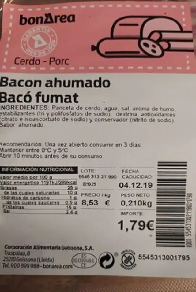 Bacon ahumado nutrition facts table