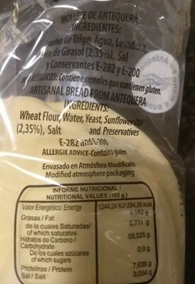 Molletes de Antequera nutrition facts table