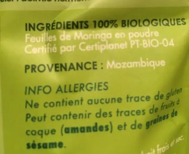 Moringa en poudre bio ingredients label