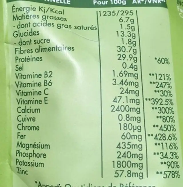 Moringa en poudre bio nutrition facts table