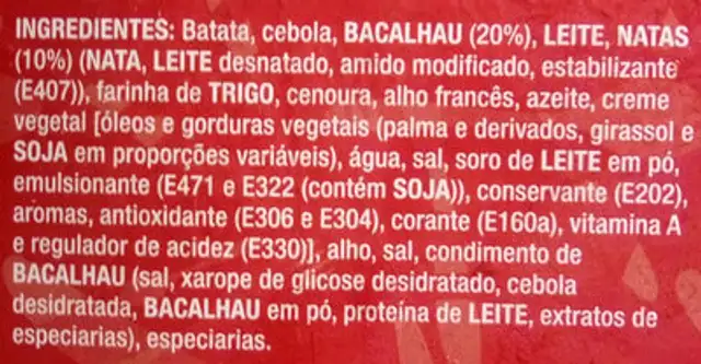 Bacalhau com Natas ingredients label