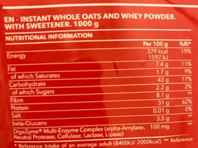 Oatmeal whey protein nutrition facts table
