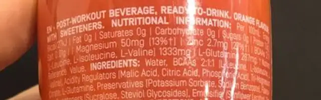 Recovery nutrition facts table